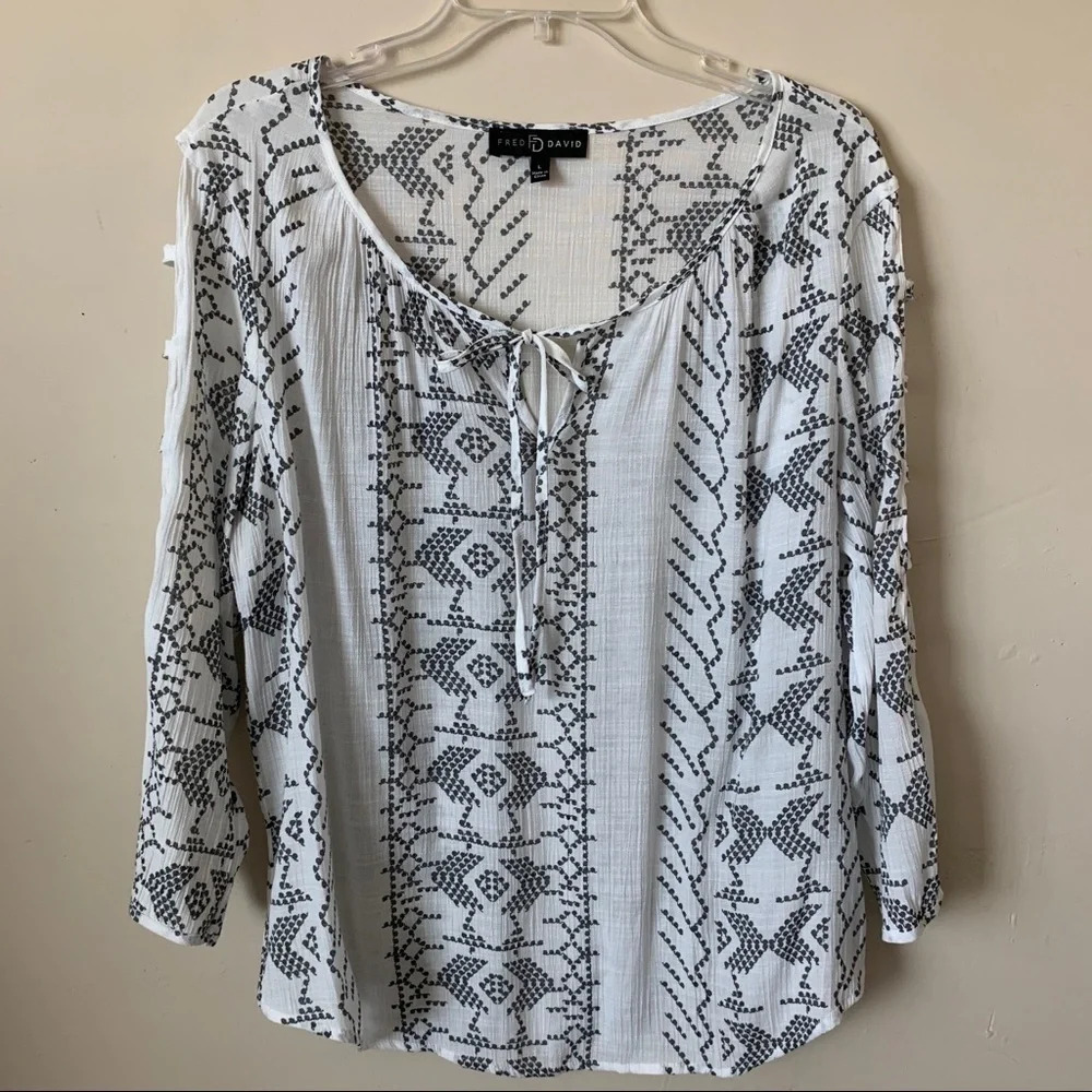 Fred David Geometric 3/4 Open Sleeve Top size L